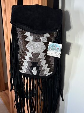 Aphorism Black Beaded Fringe Boho Suede Crossbody bag
